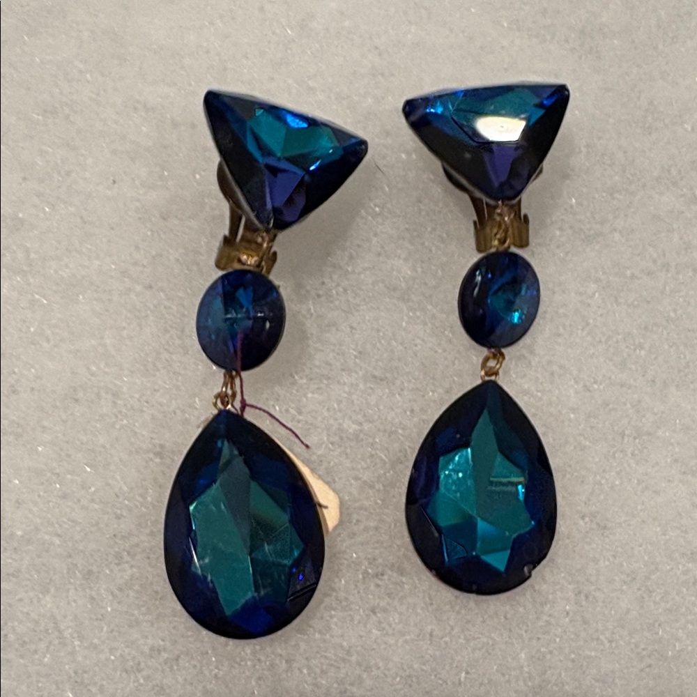 Vintage Triple Blue Loaded Swarovski Crystal Drop Elegant Earring 3 1/4 L New